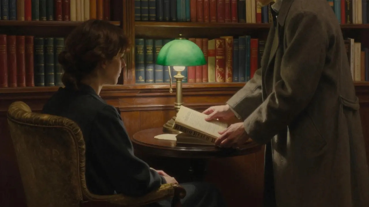 A person listening in a cozy bookshop nook, another placing a book on the table under soft lamplight.