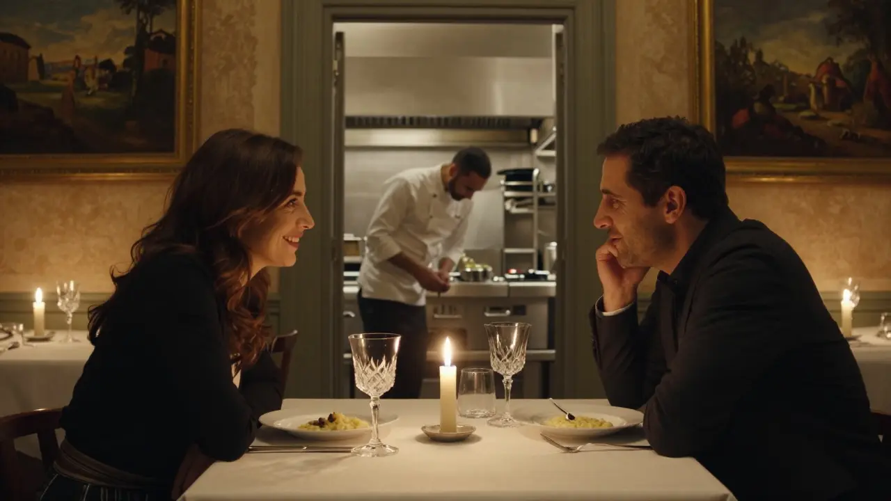 A private dinner for two in a refined Italian restaurant, lit only by candlelight and art-filled walls.