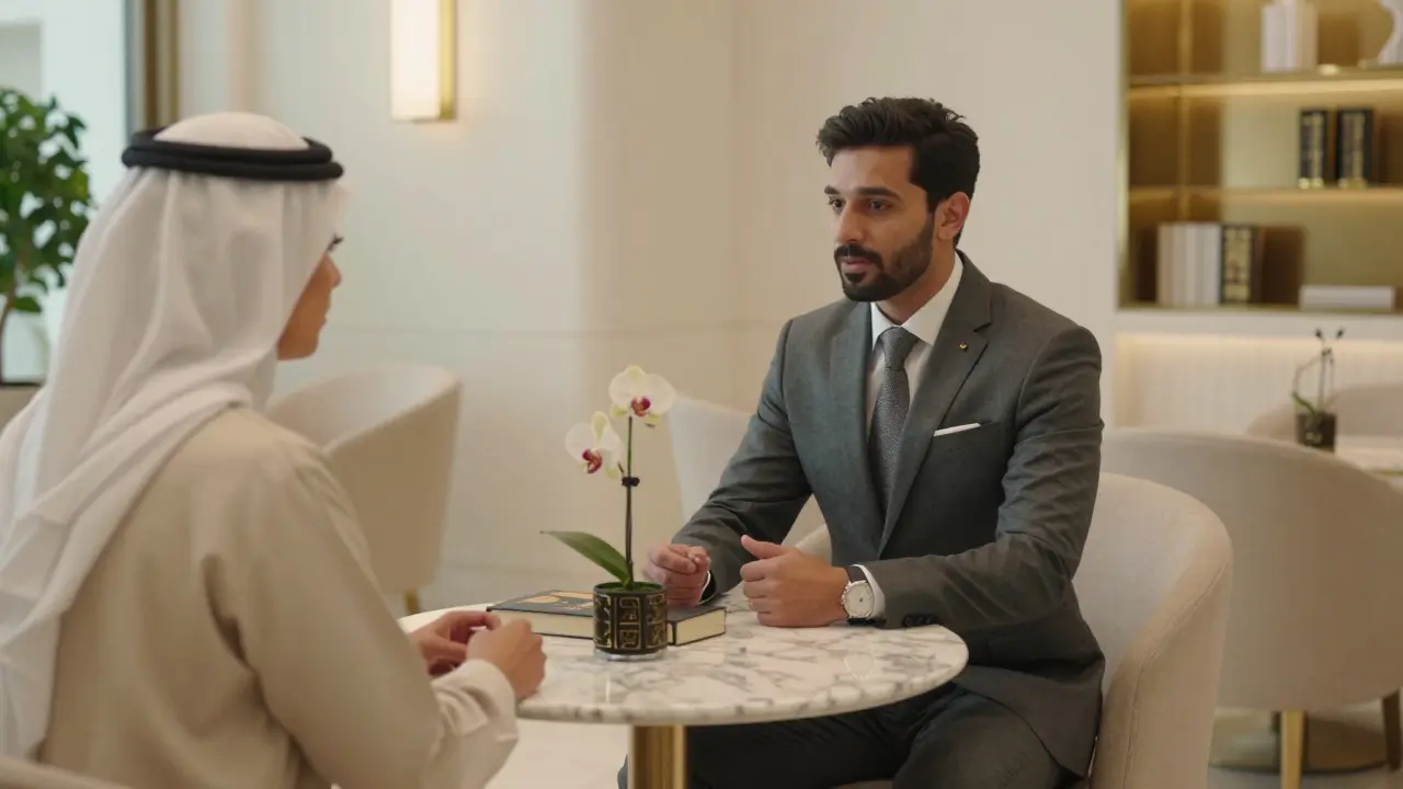 A professional male escort and client engaged in thoughtful dialogue in a high-end hotel lounge.