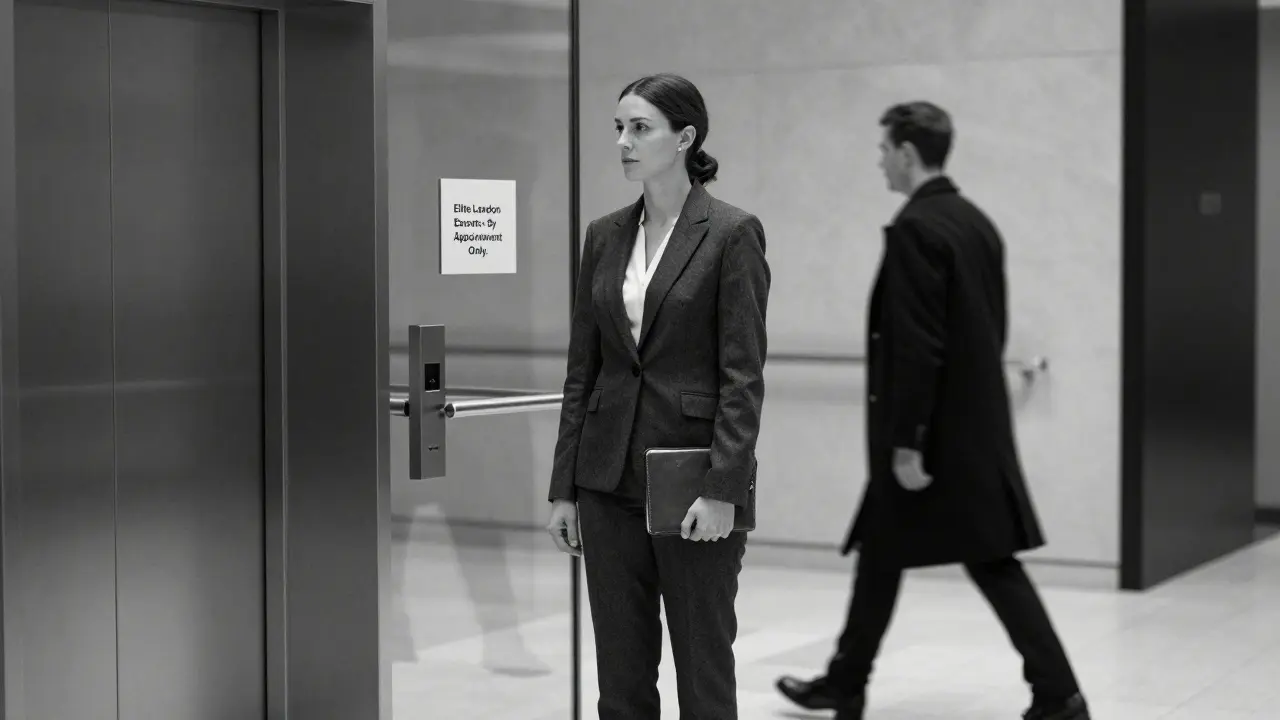 A professional woman waiting in a modern London office lobby, hinting at a discreet companionship service.