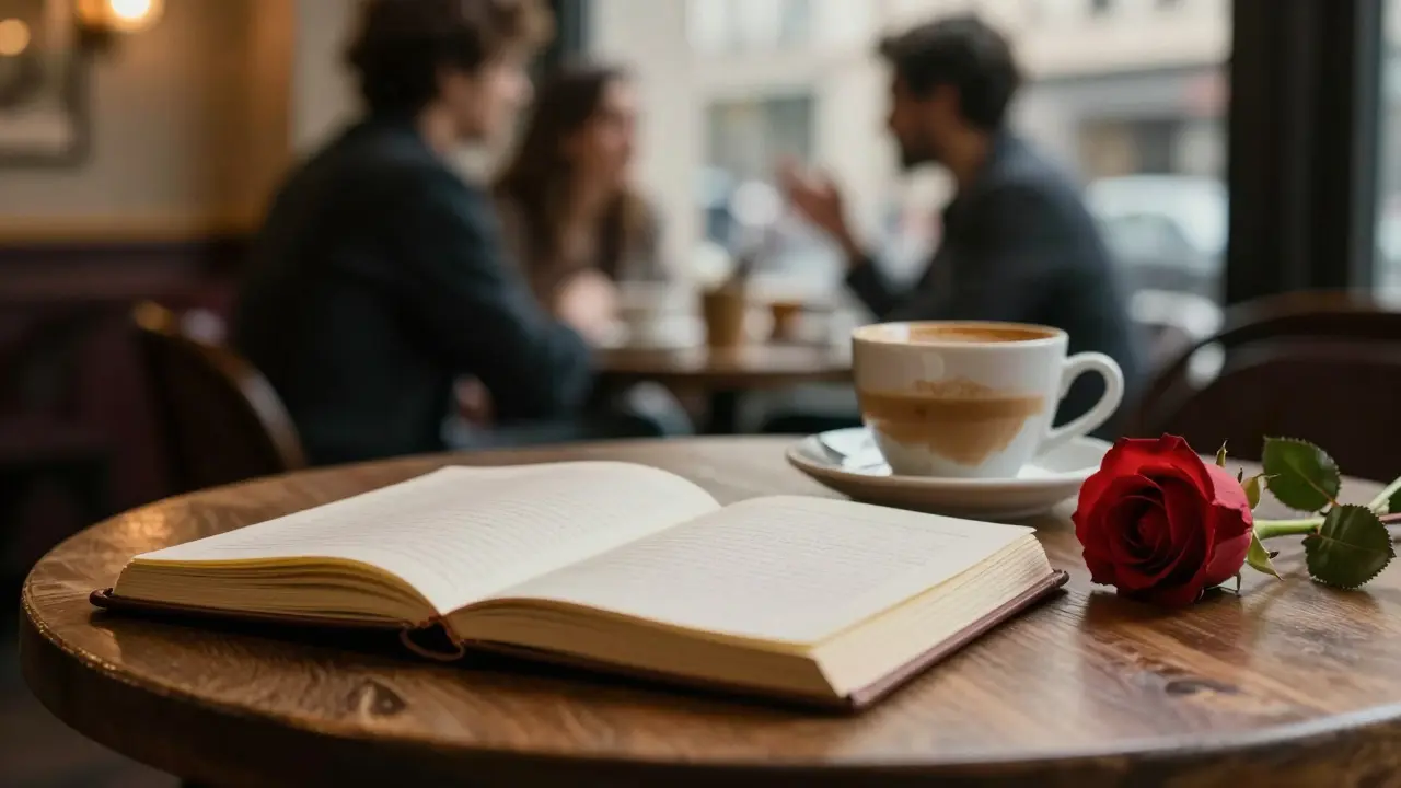 A quiet café table in Saint-Germain with coffee, a rose, and an open journal, blurred figures in background.
