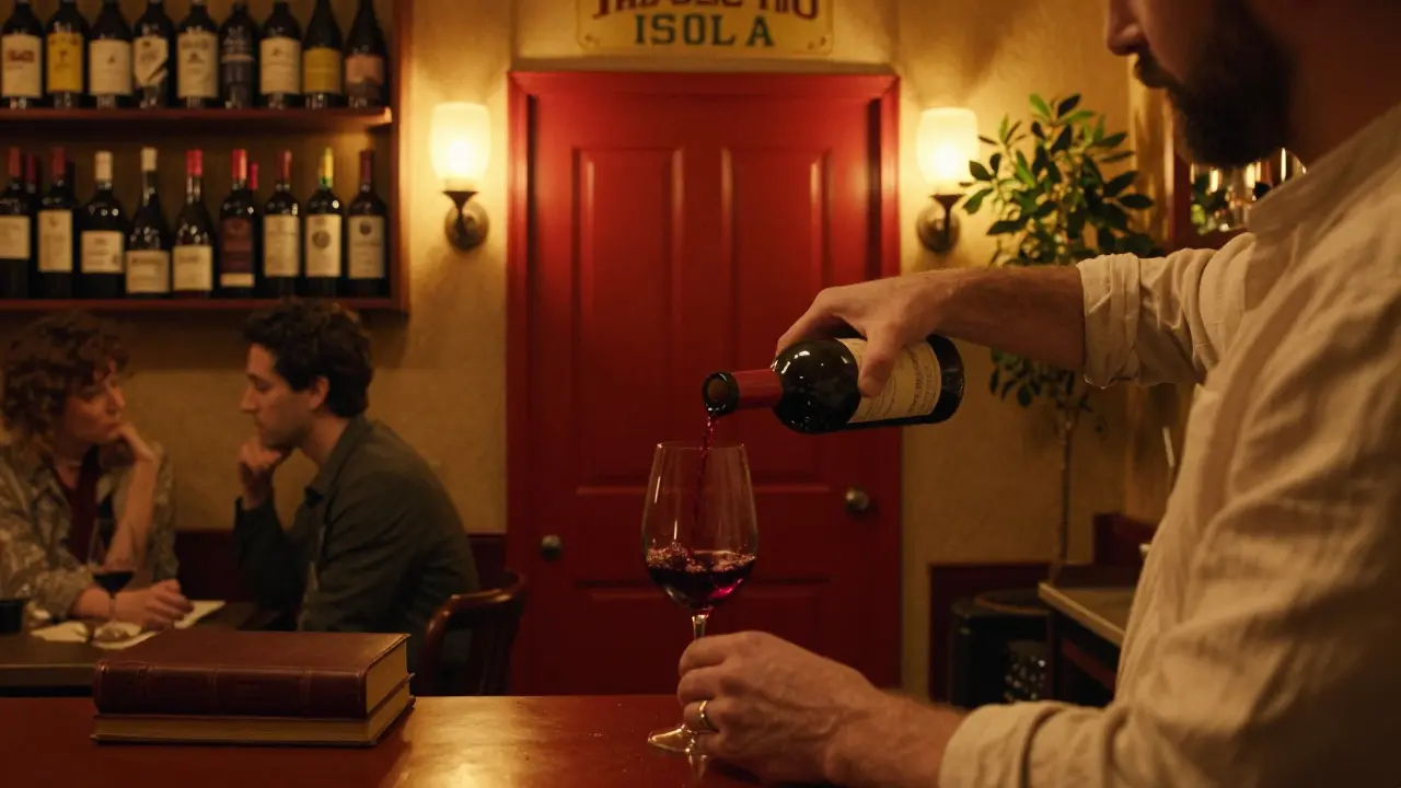 A quiet speakeasy bar with wine bottles and warm lighting, patrons sharing a quiet moment.