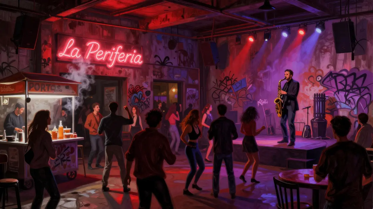 A raw, underground warehouse club in Porta Ticinese with dancers under neon lights and a saxophonist playing.