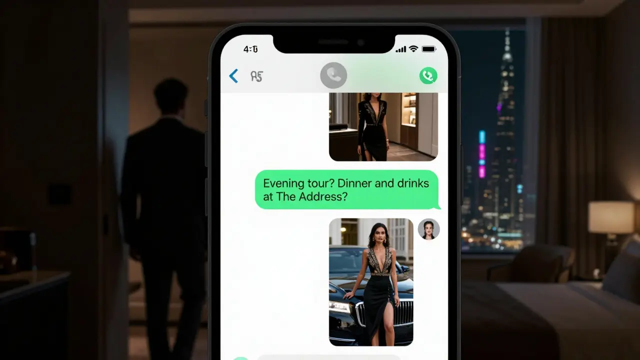 A smartphone screen displaying coded chat messages about an evening meeting, with a shadowy figure in the background.