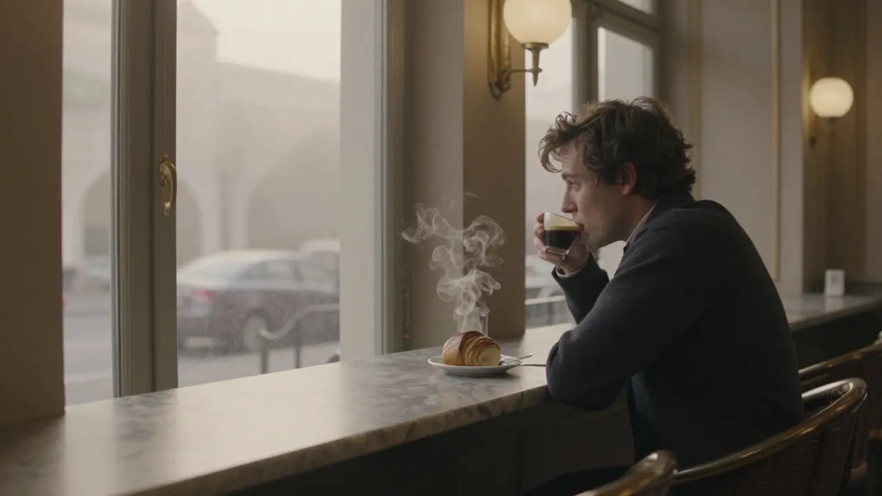 A solitary traveler sipping espresso at Bar Pasticceria Cova at dawn, calm after a night out in Milan.