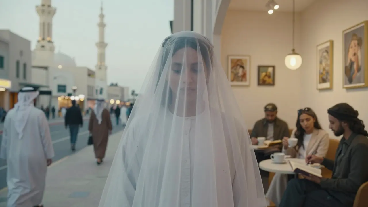 A symbolic split scene showing Abu Dhabi's conservative streets and a private space of discreet companionship.