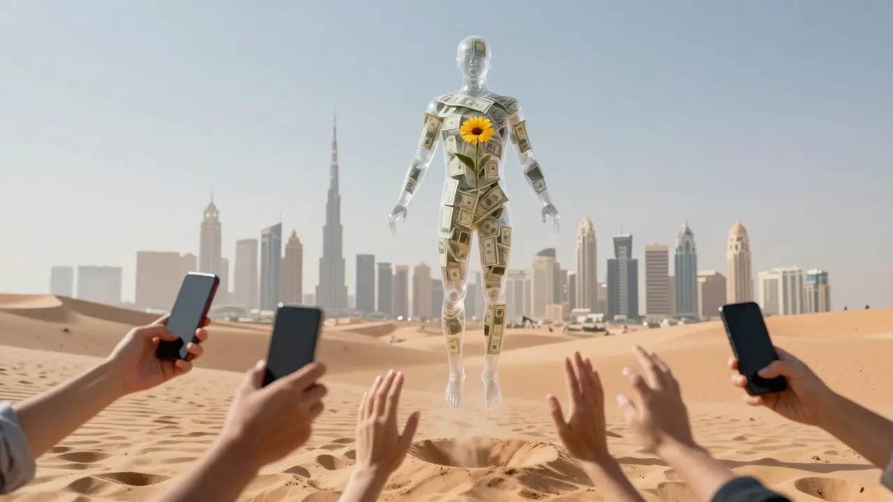 A transparent figure made of cash hovers over Dubai’s skyline, hands reaching from below, a single flower floating upward.