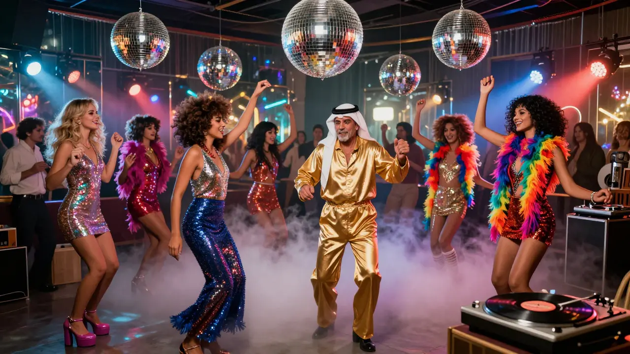 A vibrant disco crowd in glitter and sequins dances under a spinning mirror ball at Studio 47.