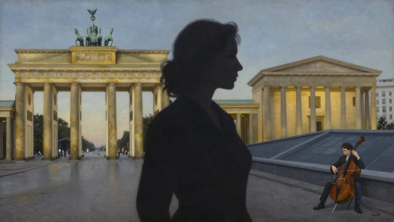 A woman's silhouette blends with Berlin's cultural landmarks, symbolizing meaningful companionship.