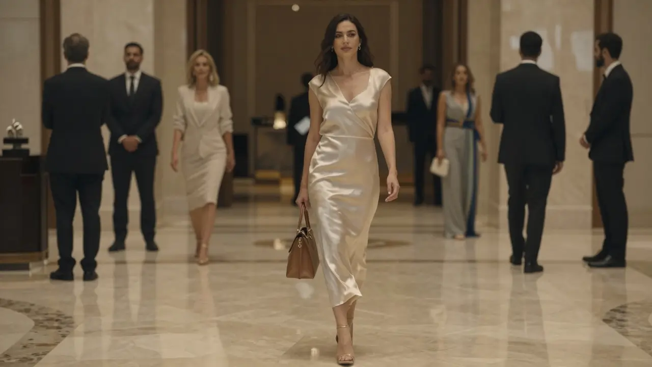 A woman in elegant, understated clothing walks silently through a luxury hotel lobby, unnoticed yet unforgettable.