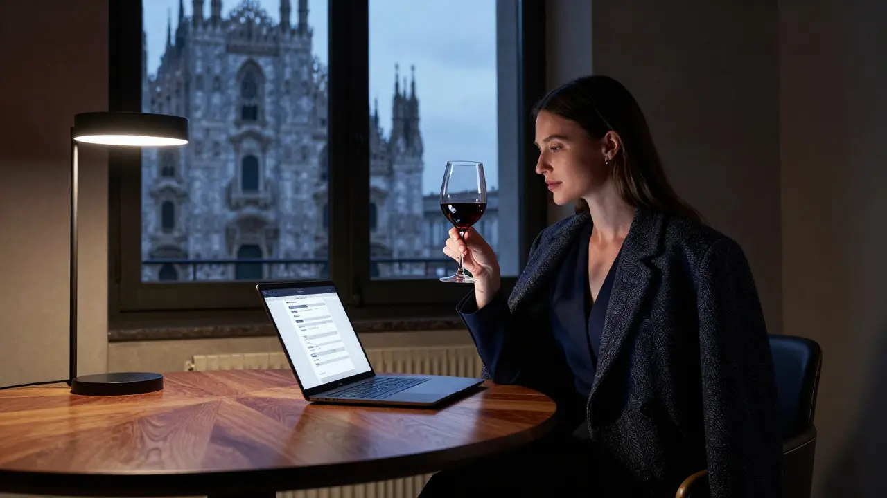A woman sits calmly in a hotel room in Milan, wine in hand, the Duomo visible through the window at twilight.