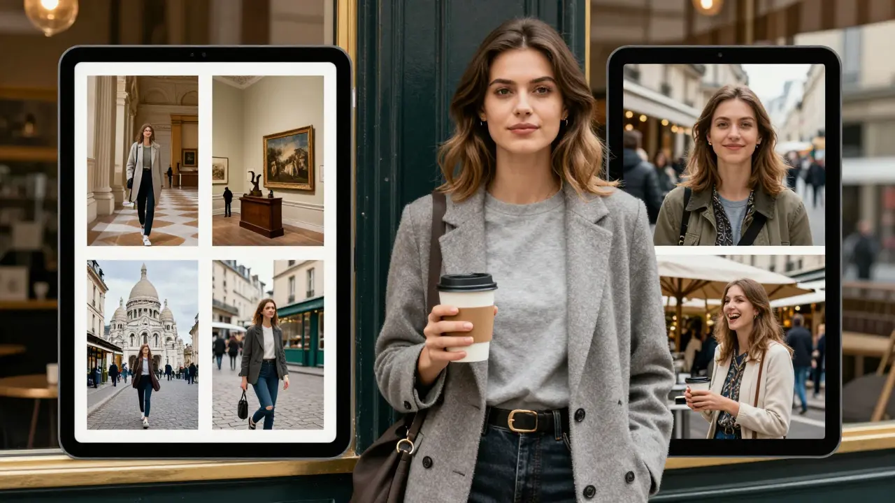 A woman stands outside a Parisian café with photos showing her in real locations, not studio settings.