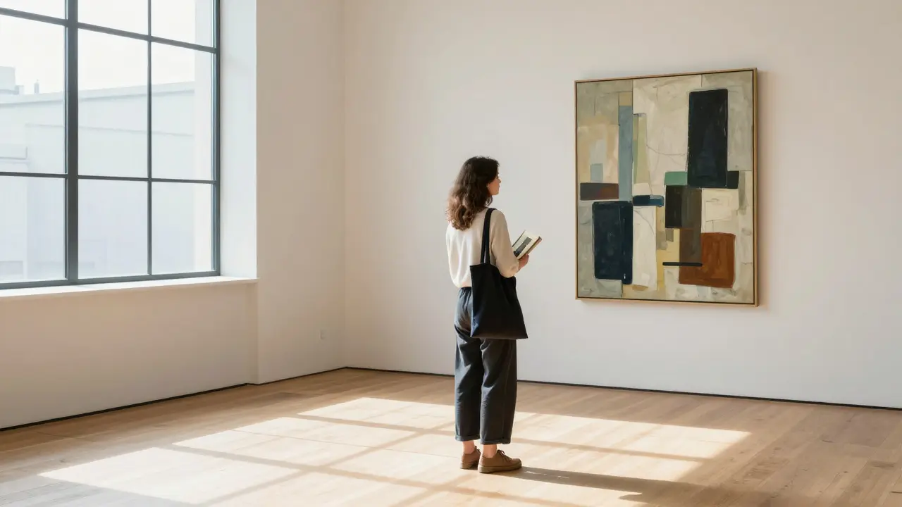 A woman stands thoughtfully before an abstract painting in the empty Tate Modern gallery, holding a book.