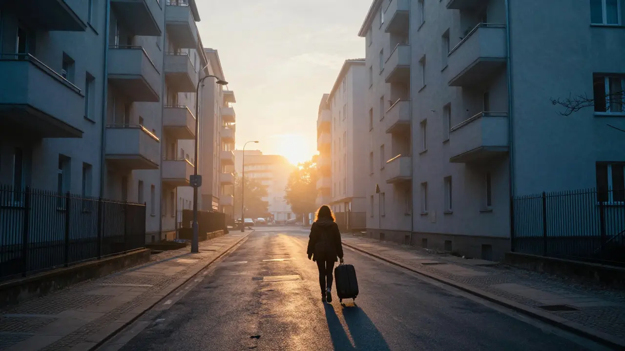 A woman walking alone down a Berlin street at dawn, suitcase in hand, sunrise breaking through misty buildings.