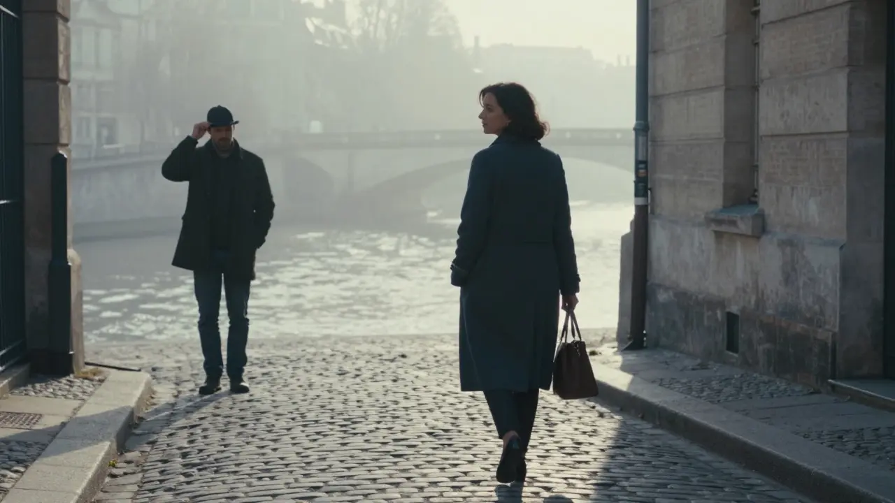 A woman walking away at dawn in a Paris alley, man standing respectfully at a distance.