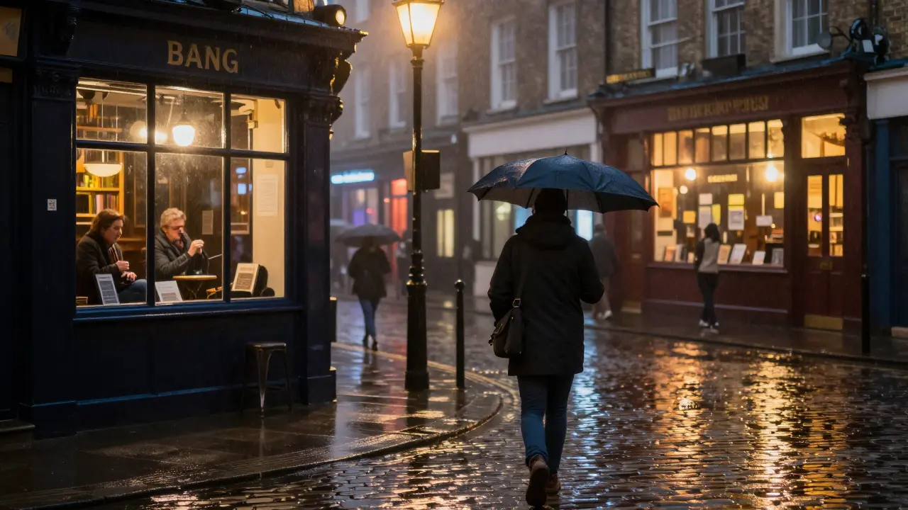 A woman walks alone through rainy Camden at night, passing a pub where poetry is being read.