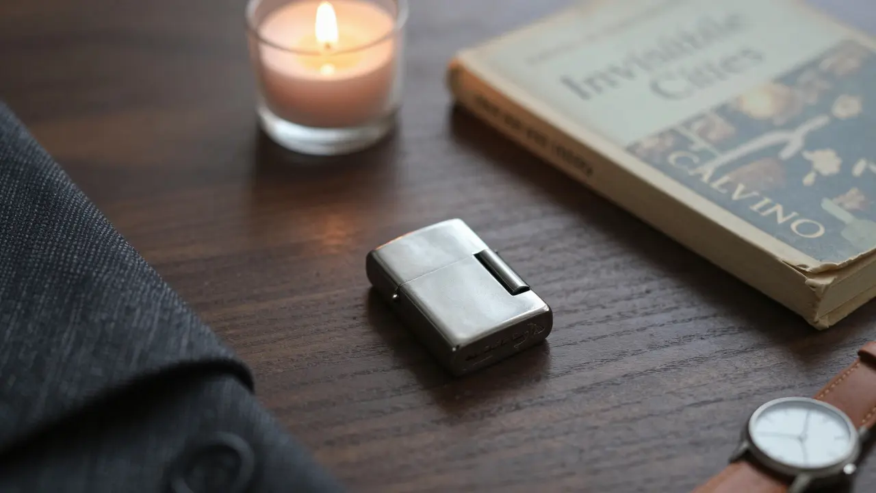 A Zippo lighter and a classic book rest on a wooden table beside a flickering candle.