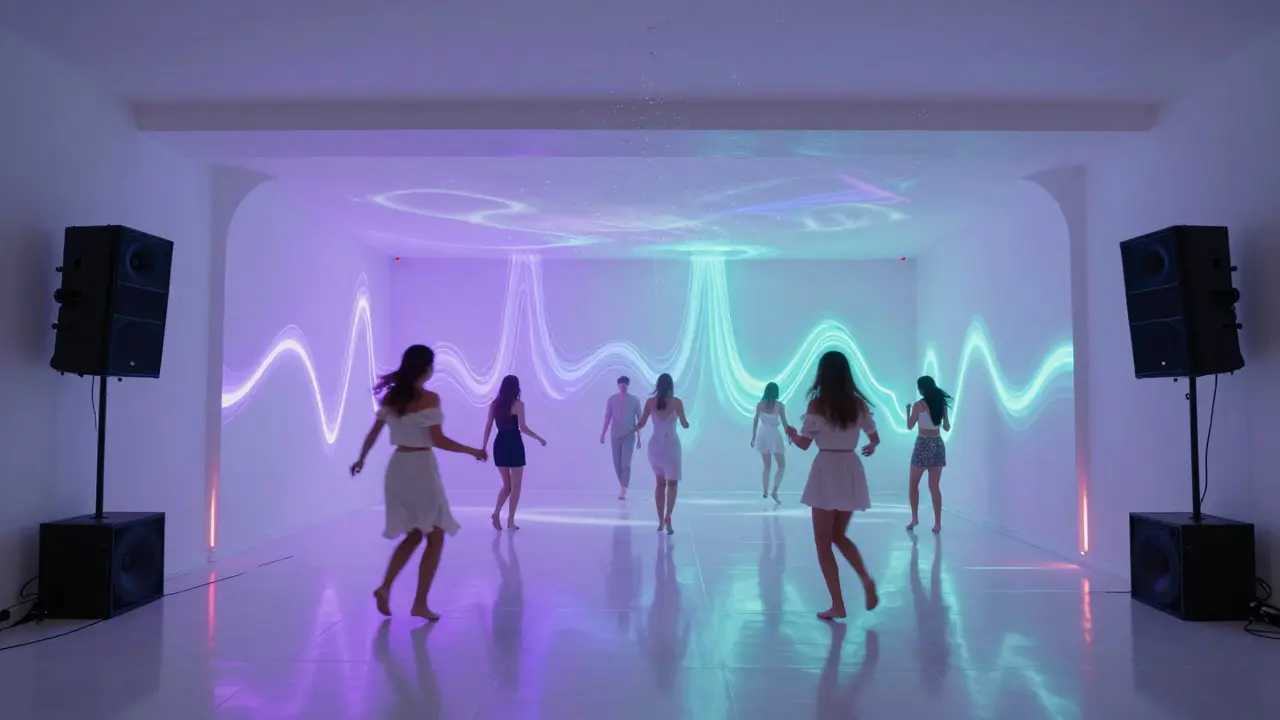 All-white immersive nightclub with pulsing colored lights and dancers on reflective floors.
