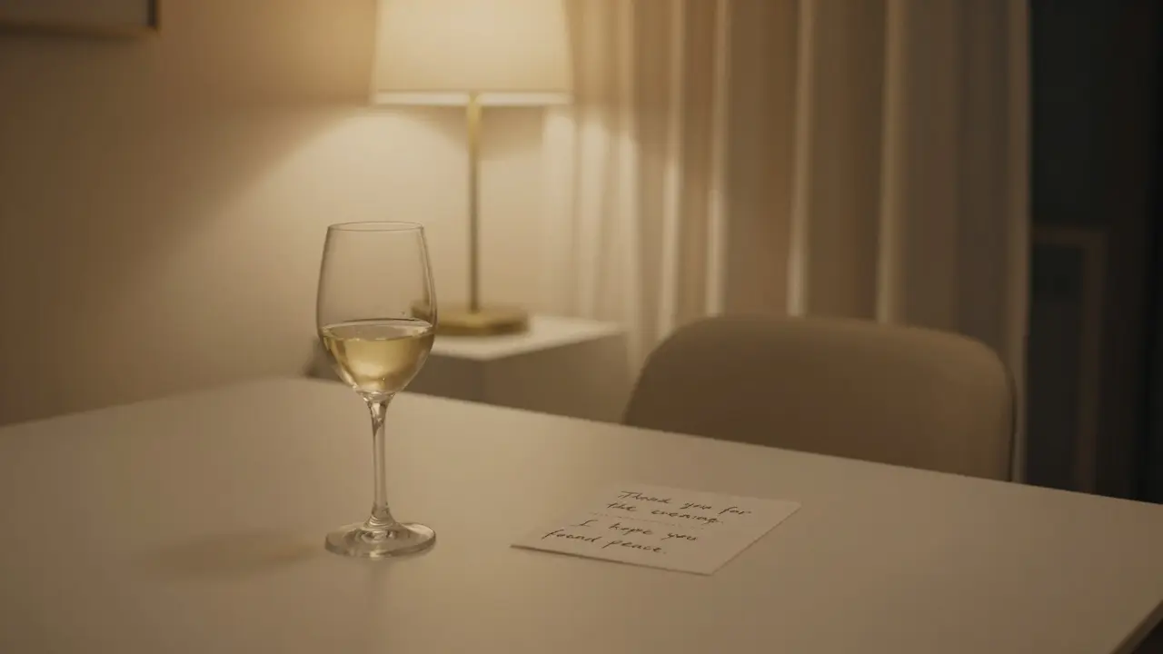 An empty dining table with a half-finished glass of wine and a handwritten note, suggesting a meaningful farewell.