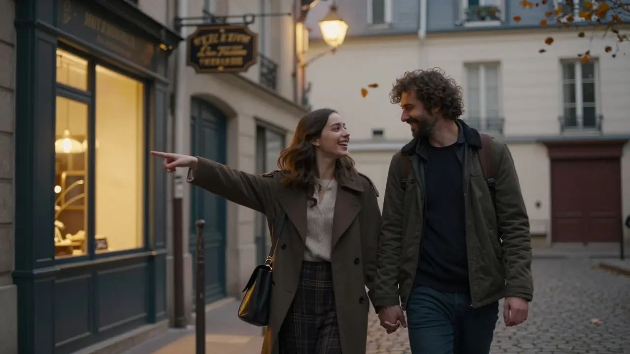 An escort and client walking together in Montmartre at twilight, passing a cozy bakery.