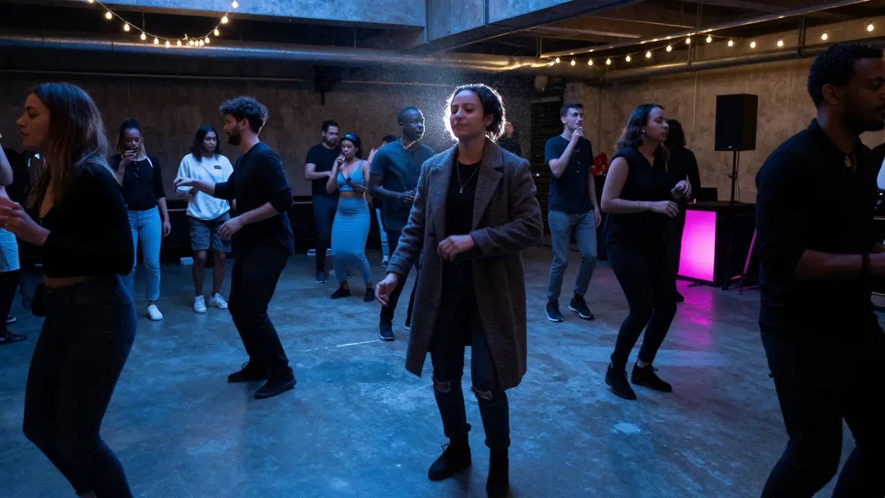 An industrial warehouse dance floor at night, people moving to music, no phones, raw and unpolished atmosphere.