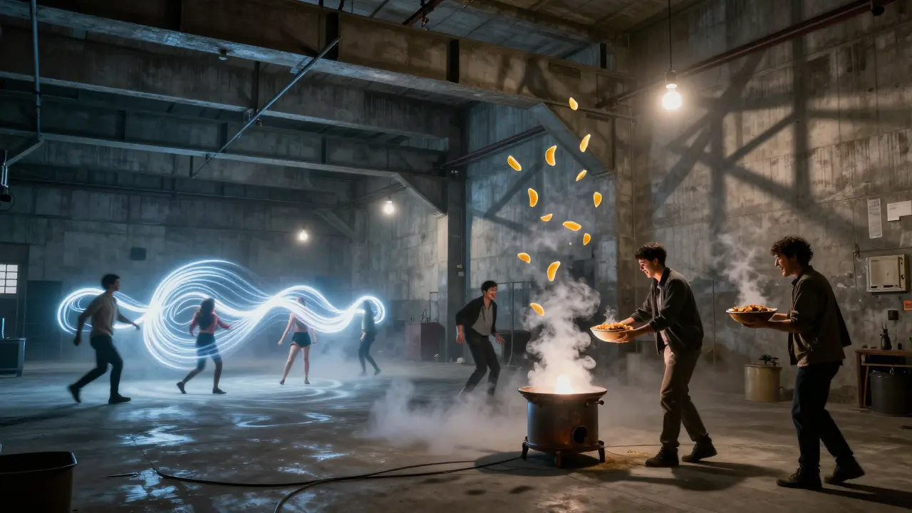 An industrial warehouse party at dawn, with dancers, steam rising from food, and glowing lights in the fog.
