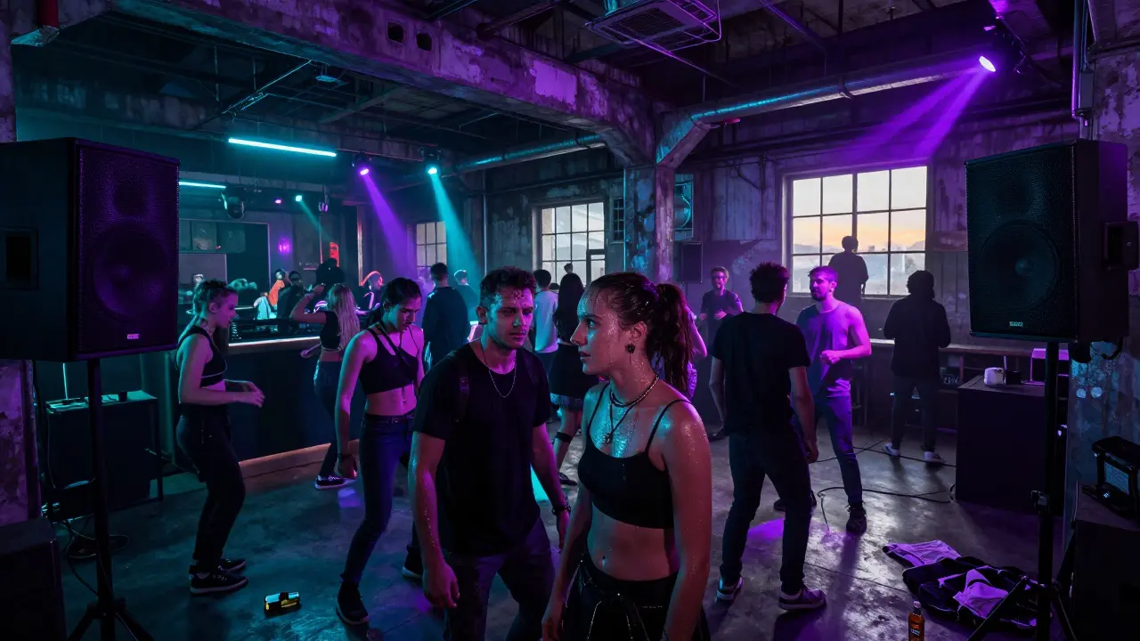 An underground techno club in Pirelli with dancers under strobing lights and industrial grit.