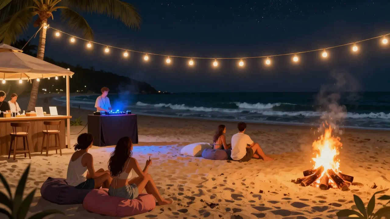 Beach club at night with string lights, sand, bonfire, and relaxed guests.