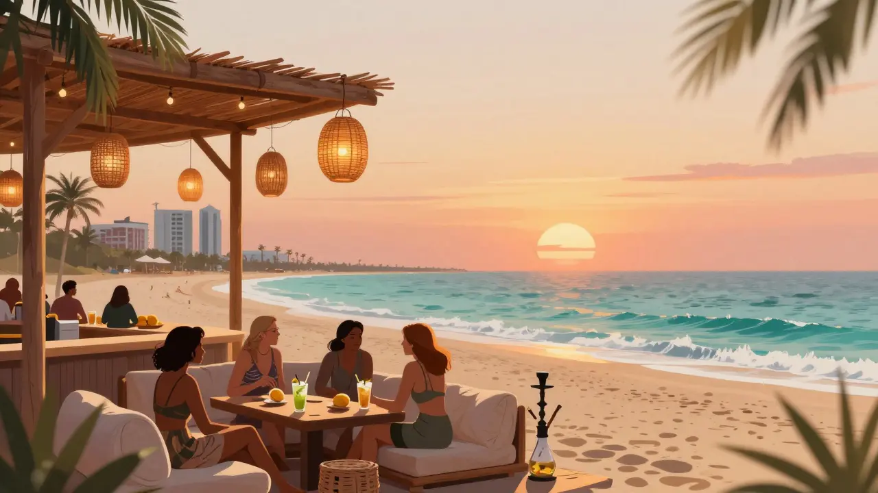 Beachside bar at sunset with lanterns and guests enjoying drinks.