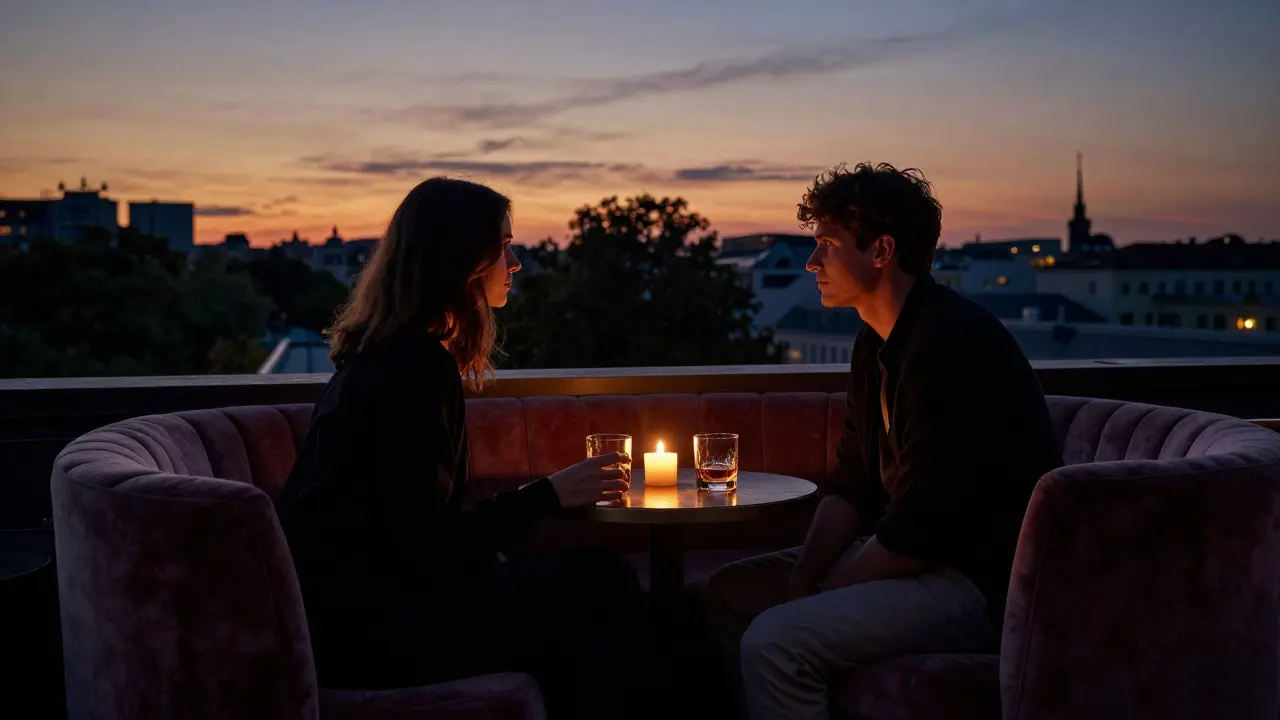 Couple on a private rooftop bar at sunset, overlooking Tiergarten with a glass of bourbon and candlelight.