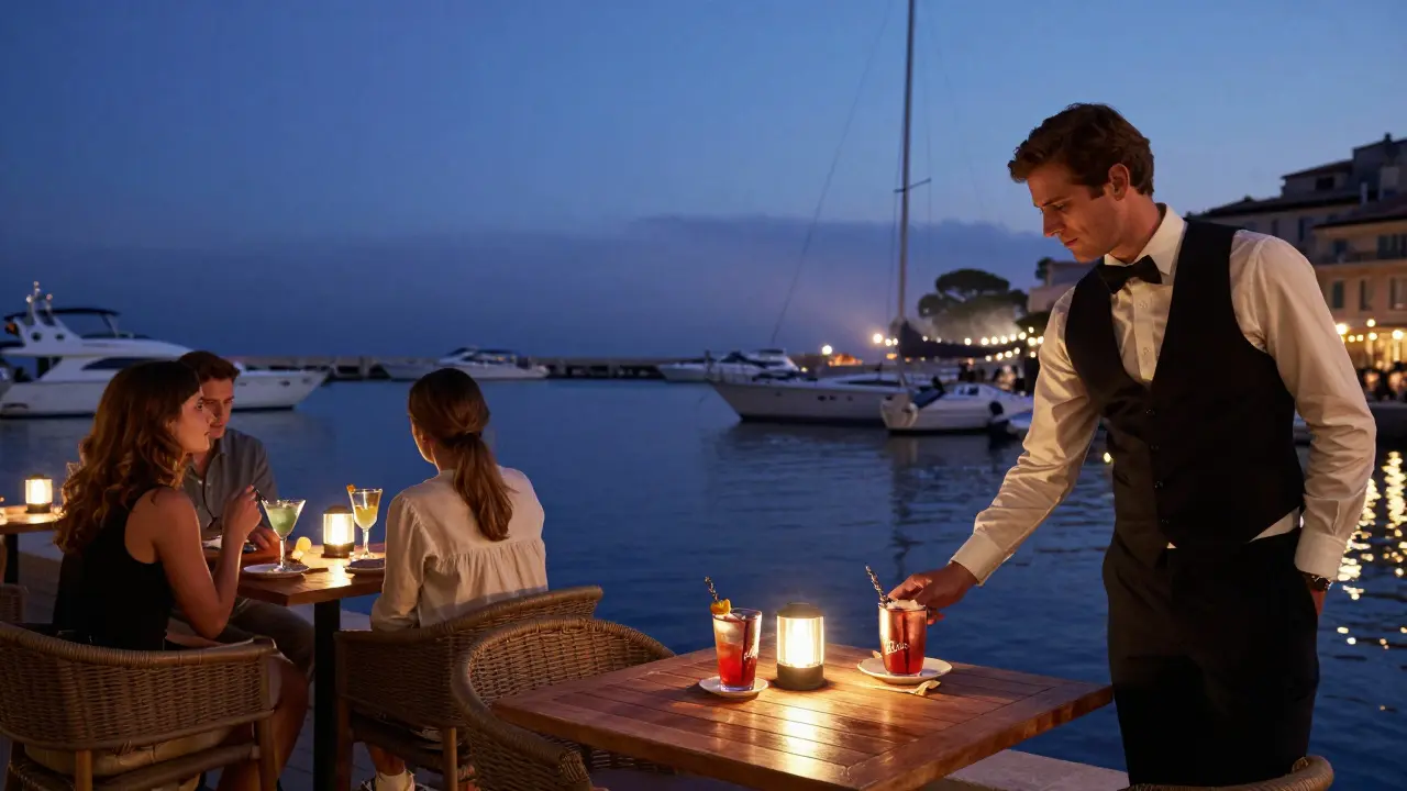 Couples sipping cocktails by the harbor at dusk, yachts gently rocking, soft lights reflecting on calm water.