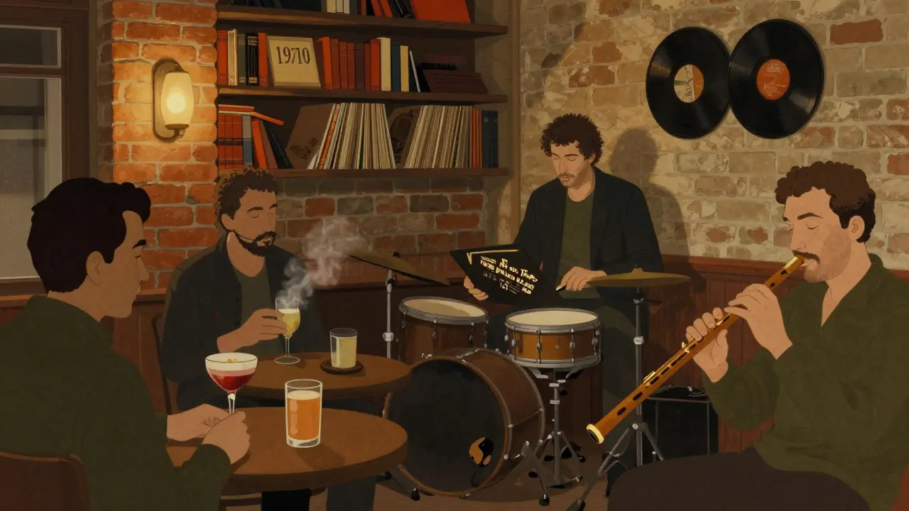 Cozy Bar 1919 with vinyl records, warm lighting, and patrons enjoying jazz in Kadıköy.