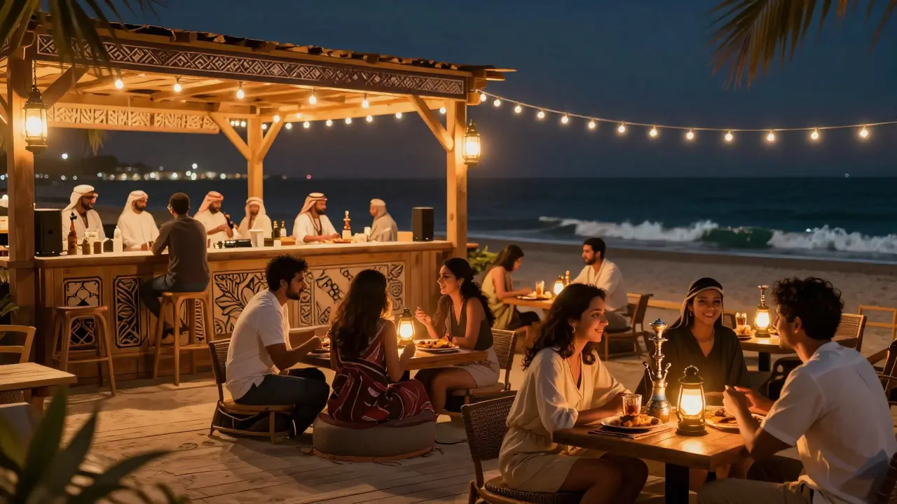 Cozy beach bar with lanterns and wooden decks, people socializing over shisha and seafood under night sky.