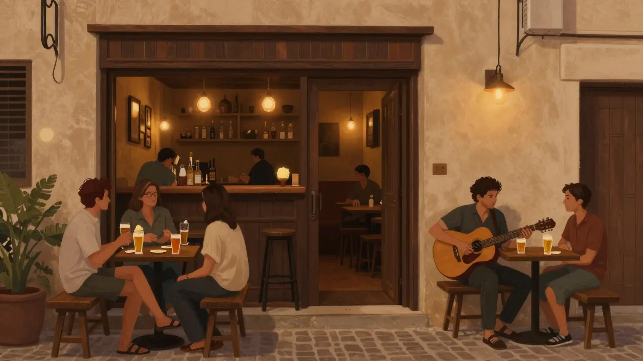 Cozy hidden bar called The Yard with warm lighting, patrons enjoying craft beer and live acoustic music.