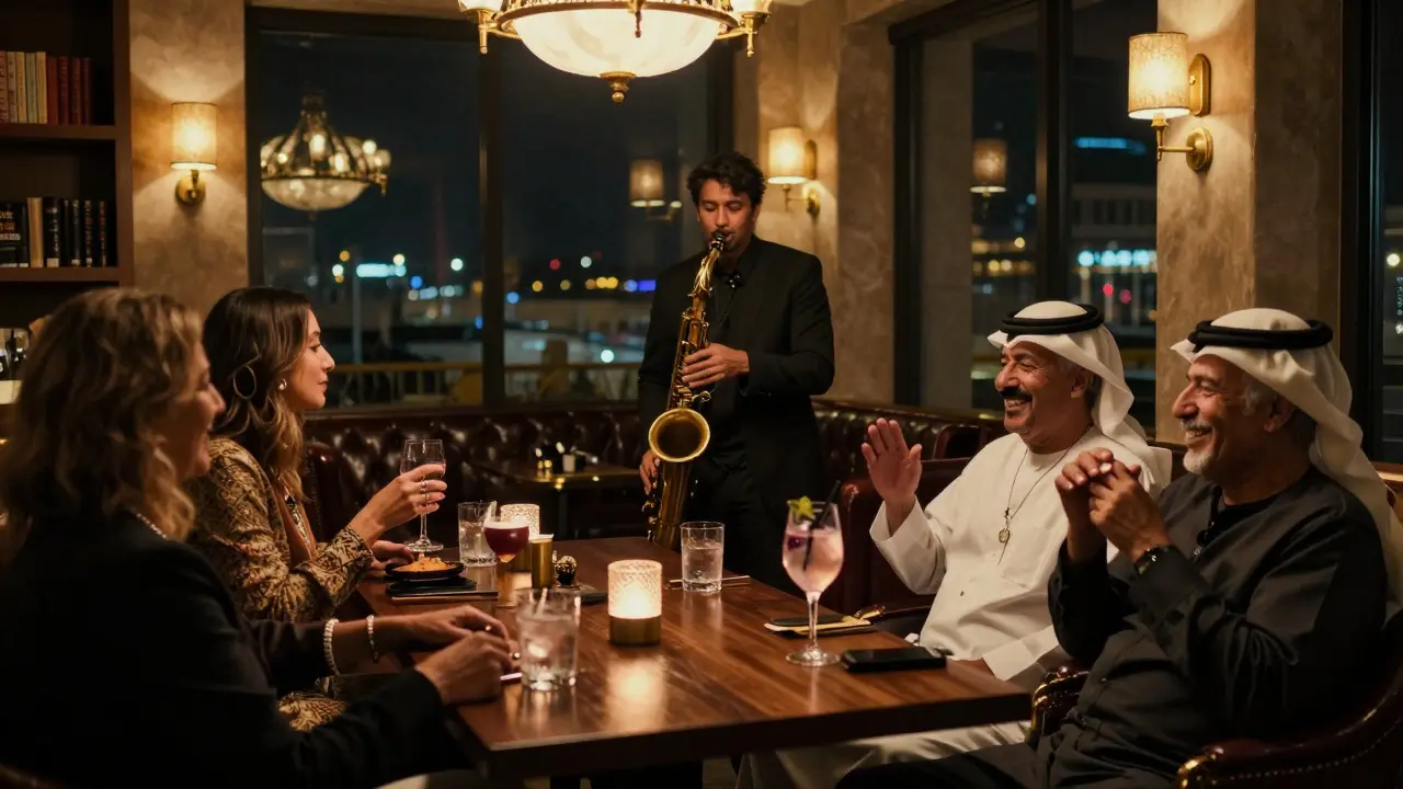 Cozy jazz bar with saxophonist performing and patrons sipping cocktails in warm light.