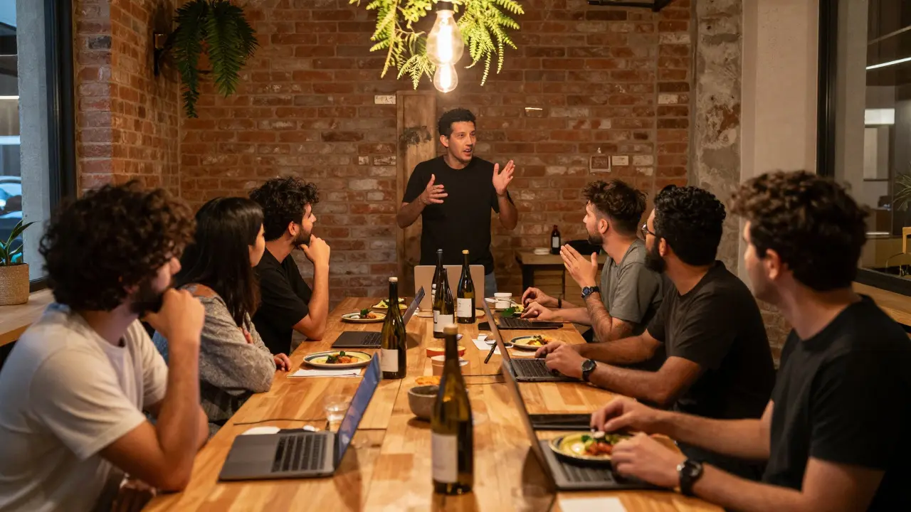 Creative professionals sharing food and wine at a communal table in Alserkal Avenue.