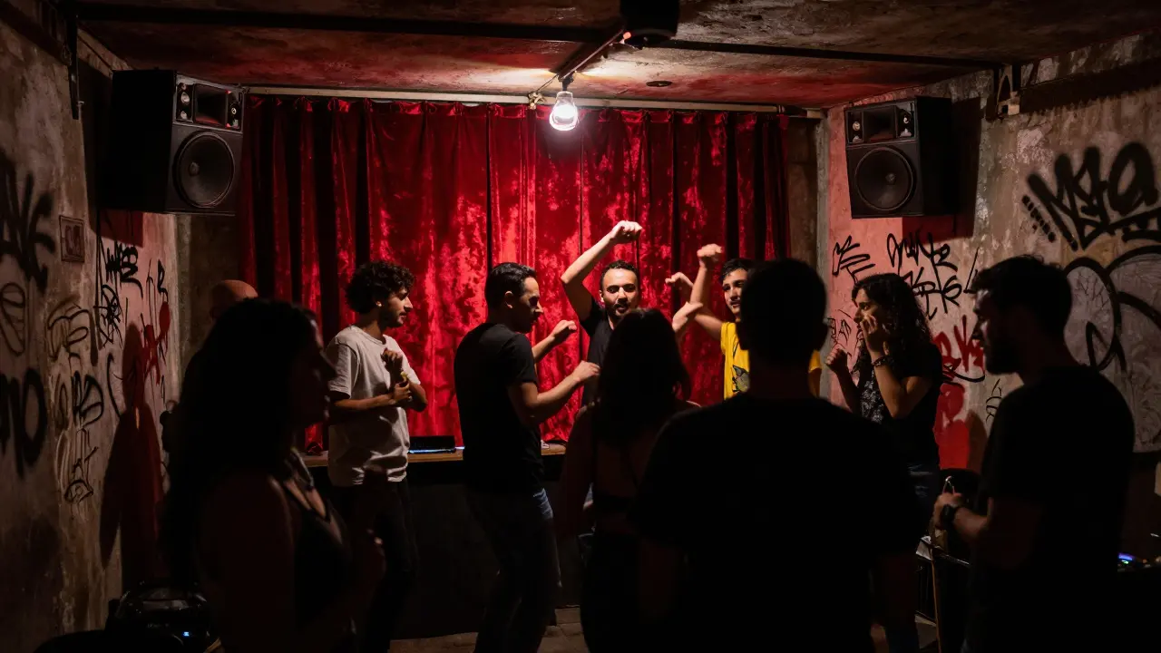 Crowd dancing in a basement club with red velvet curtain and vintage sound system under low red lights.