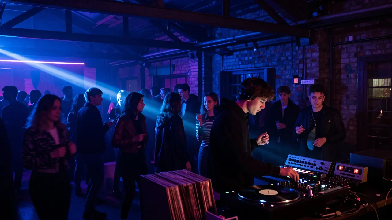 Crowd dancing in an underground Milan club with neon lights and industrial architecture.