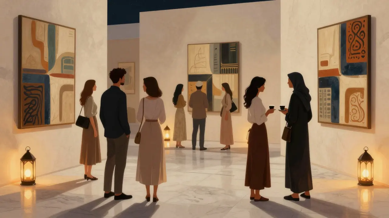 Cultural art event indoors with abstract installations and guests sipping coffee under soft light.