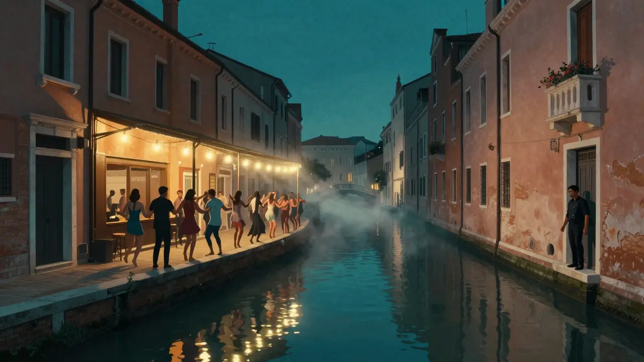 Dancers by the Navigli canal under string lights, La Scala club entrance hidden in shadow.
