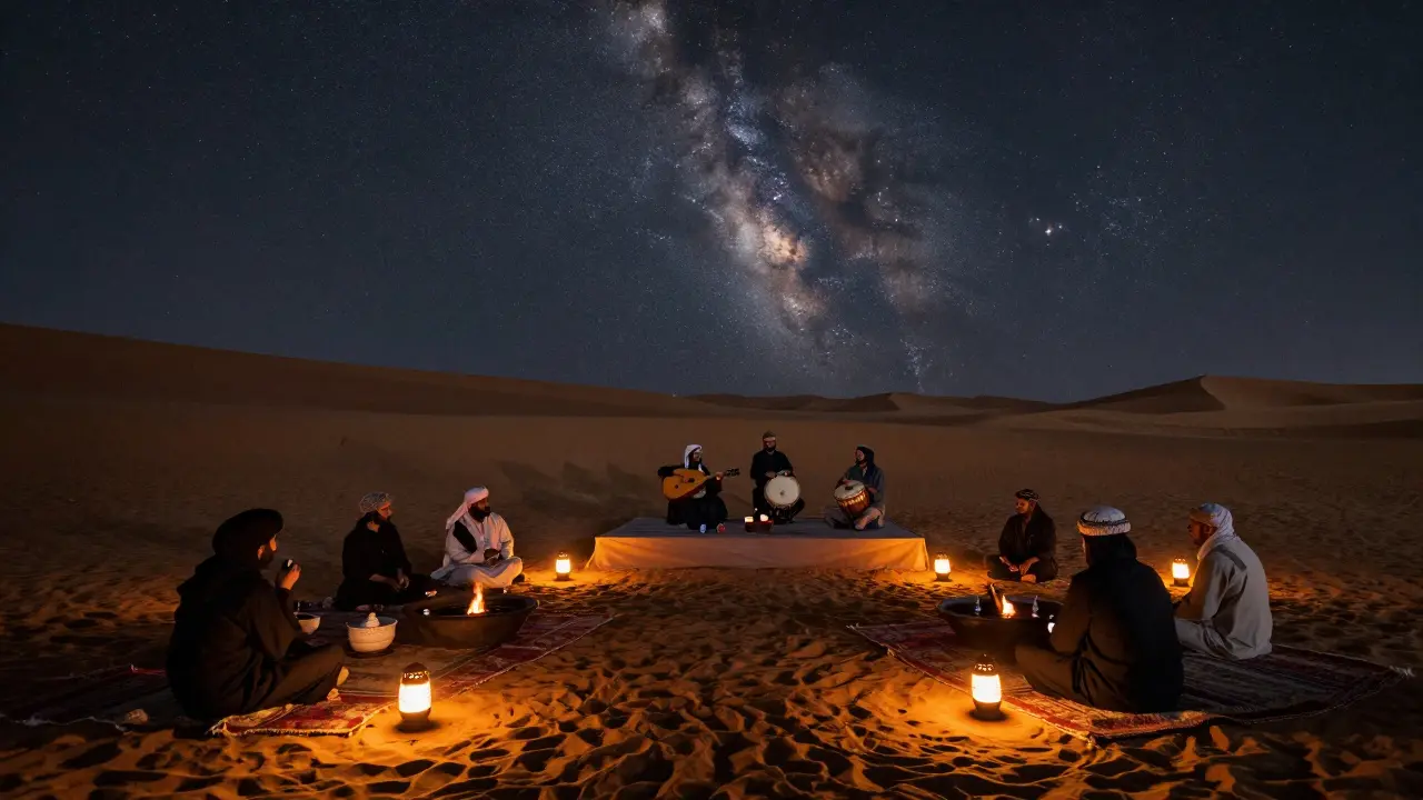 Desert camp at night with lanterns, fire pits, and Bedouin musicians under a starry sky.