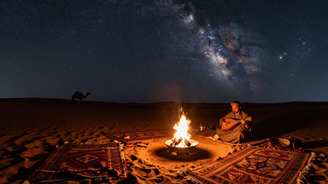 Desert camp under a starry sky with fire pit, oud player, and camel silhouette in distance.