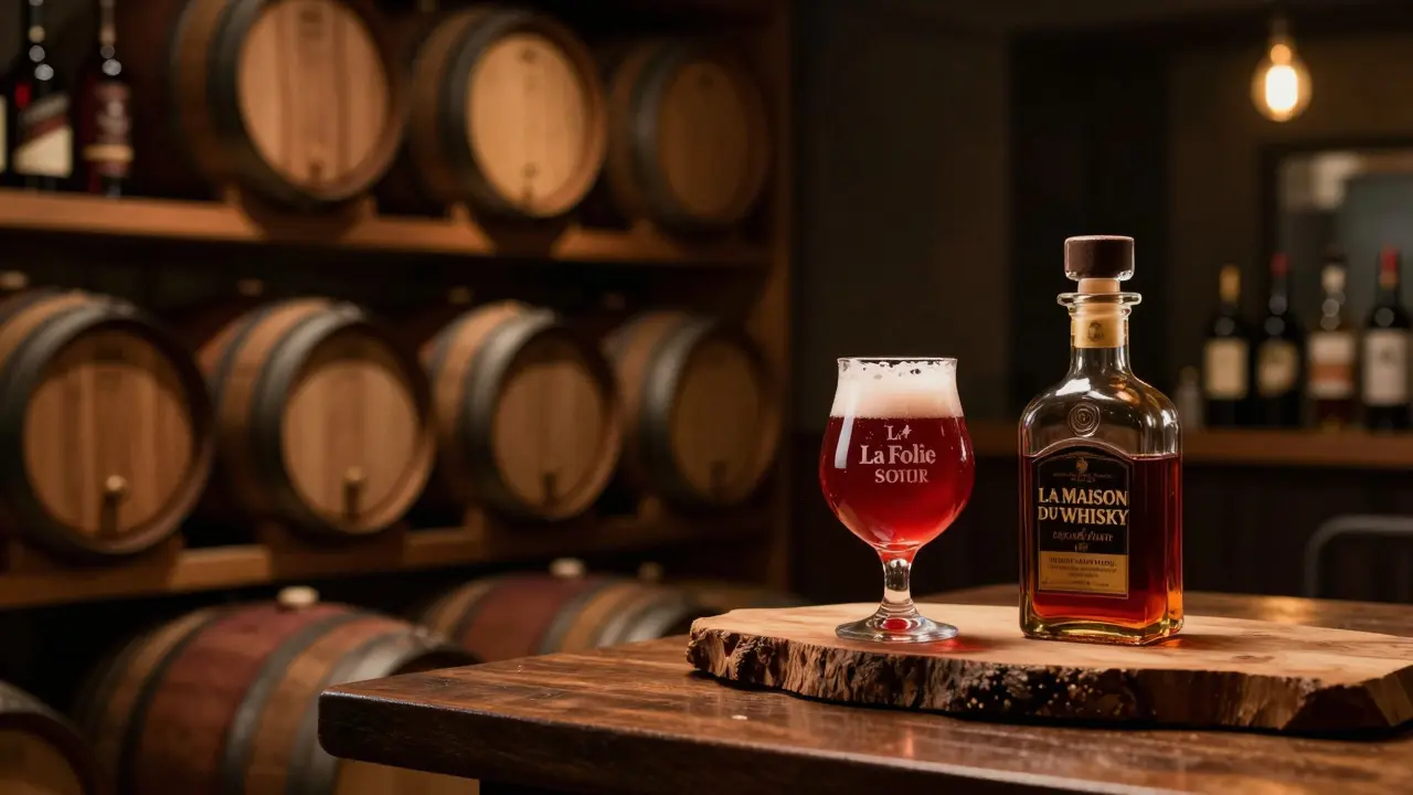 Dimly lit corner with aged beer barrels and a glowing sour ale glass in quiet luxury.
