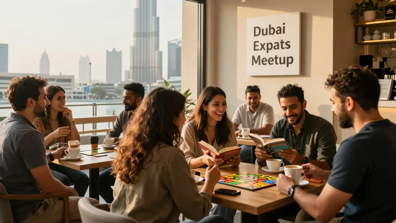Diverse expats socializing warmly in a Jumeirah café during golden hour, with the Burj Khalifa visible outside.