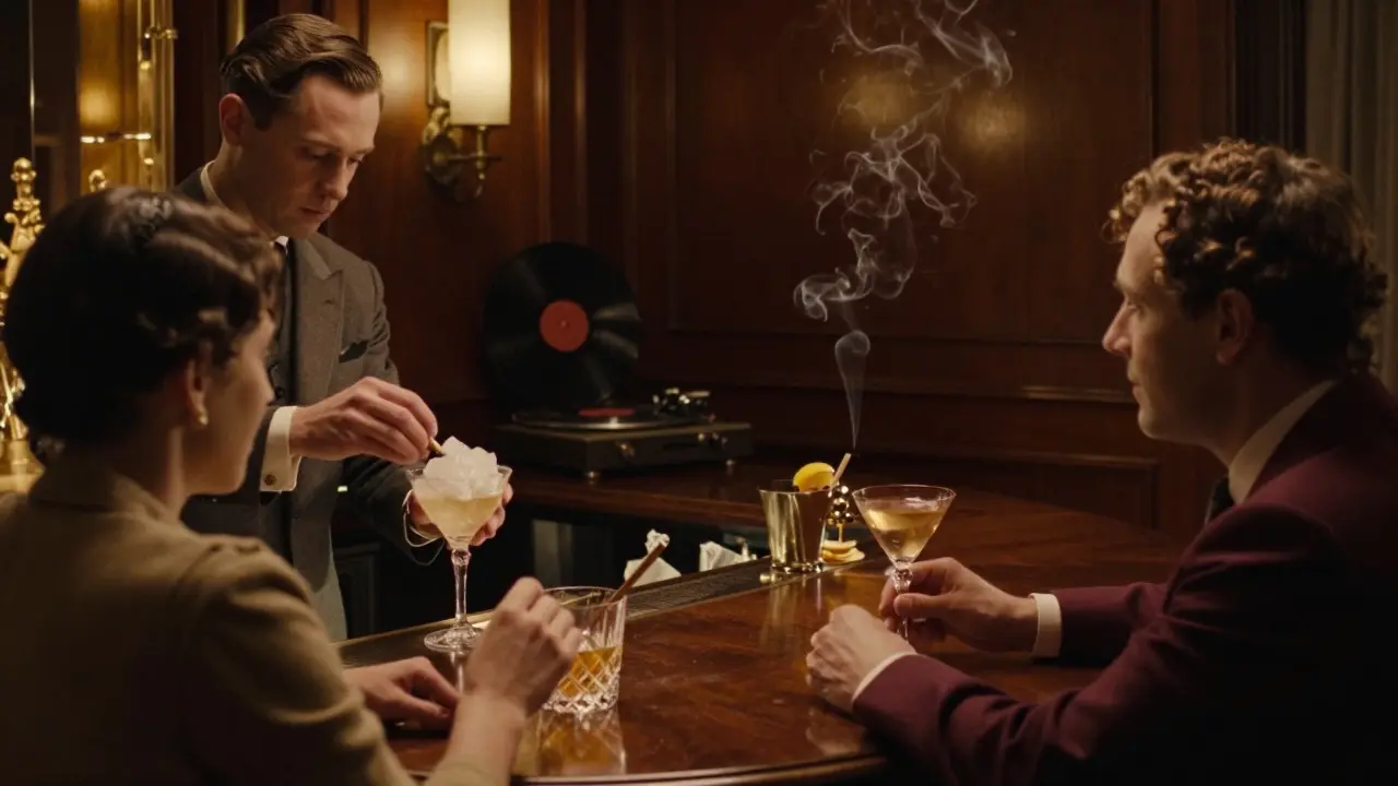 Elegant 1920s-style bar with a bartender crafting cocktails under warm amber lighting.