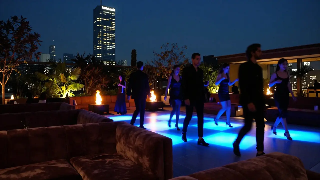 Elegant crowd dancing at Corso Como 10, neon lights reflecting off velvet couches and distant city skyline.