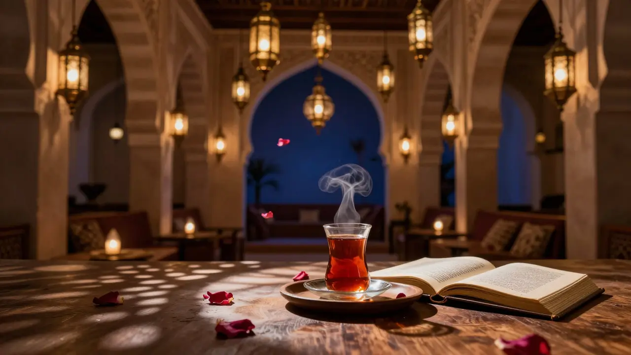 Hidden Arabic lounge lit by lanterns with tea and rose petals.