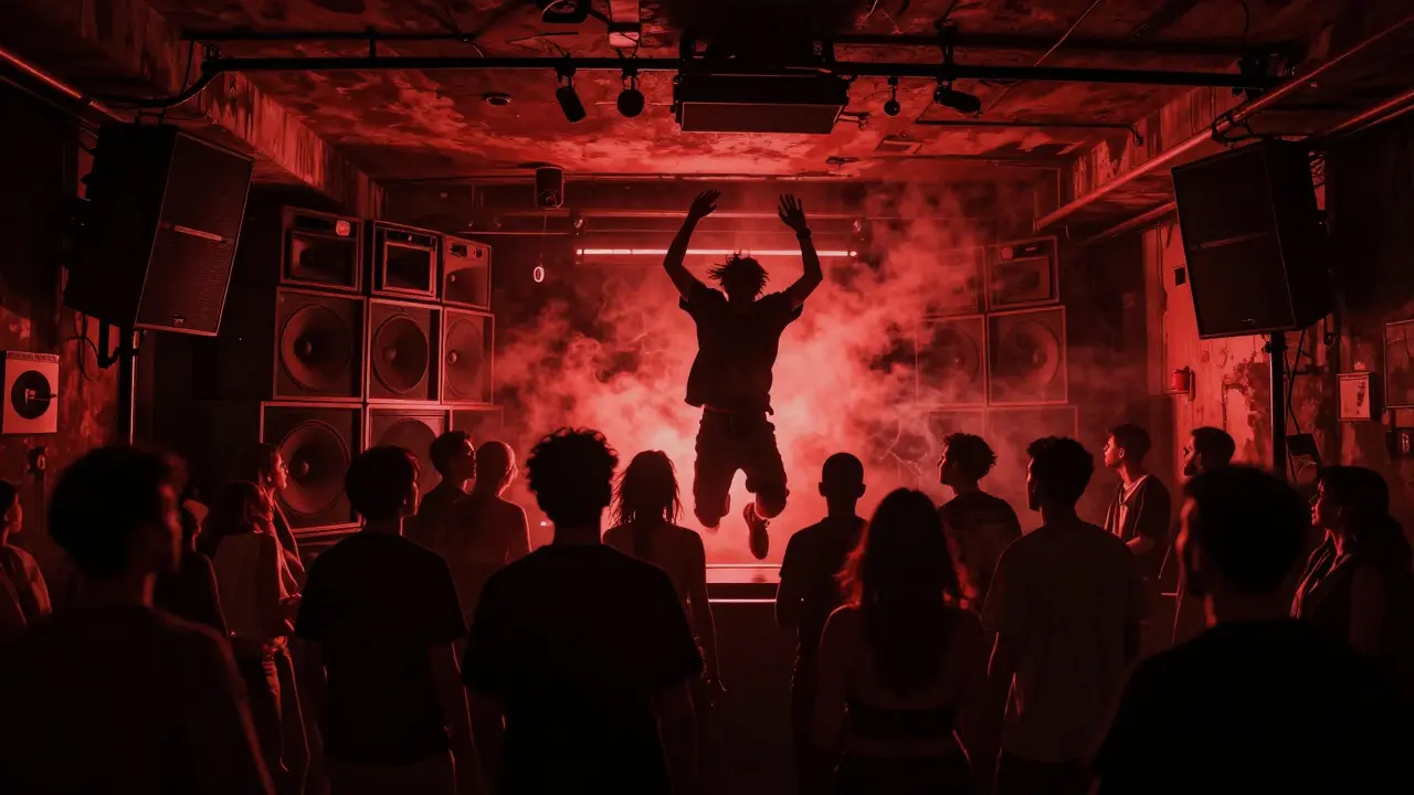 Hidden basement club with intense lighting and energetic dancers, industrial vibe, no signs or text visible.
