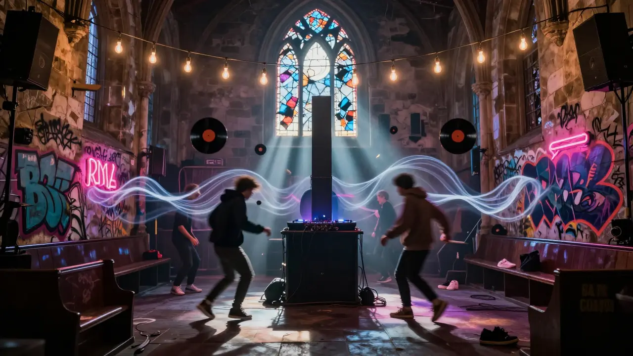 Hidden rave in a converted church, dancers in motion under glowing bulbs, bass waves visible in air, moonlight through broken glass.