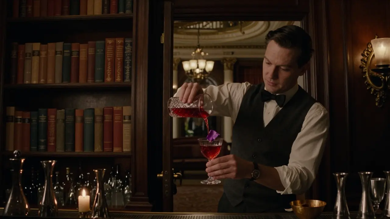 Hidden speakeasy bar with mixologist pouring a signature cocktail in candlelit, wood-paneled room.